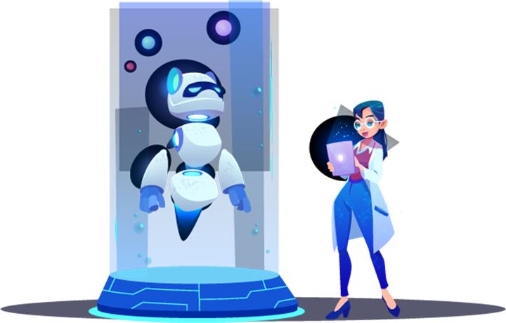 Robot and woman exploring data together